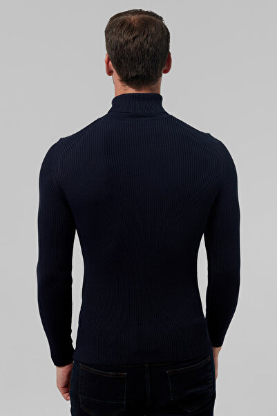 Twn Πλεκτό πουλόβερ με λεπτή εφαρμογή Navy Blue Rib Knit Half Fisherman Wool