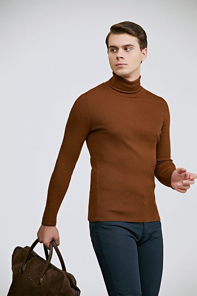 Twn Slim Fit Findik Brown Rib Knit Half Fisherman πουλόβερ