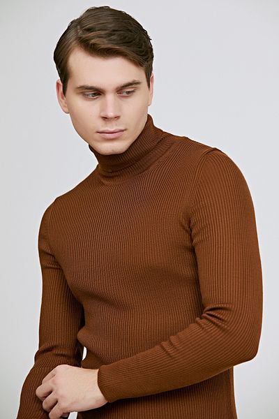 Twn Slim Fit Findik Brown Rib Knit Half Fisherman πουλόβερ
