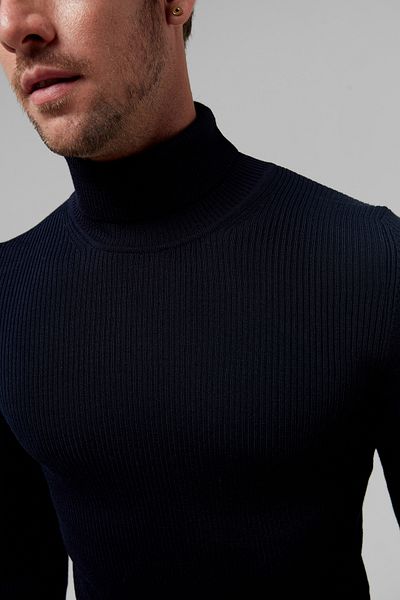 Twn Πλεκτό πουλόβερ με λεπτή εφαρμογή Navy Blue Rib Knit Half Fisherman Wool