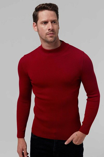 Twn Πλεκτό πουλόβερ Slim Fit Red Rib Knit Half Fisherman Wool Πλεκτό πουλόβερ