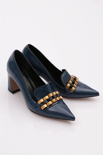 DGN Navy Blue Patent Leather Wrinkled Heeled Women's Shoes - 28135910