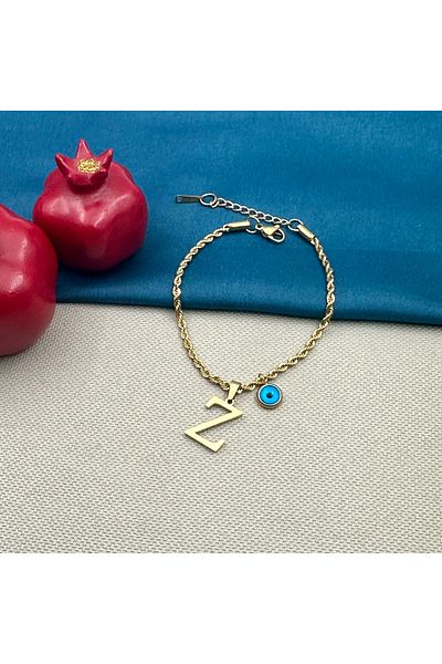 Opia Takı & Aksesuar Steel Twirl Chain Letter Evil Eye Beaded Gold Bracelet