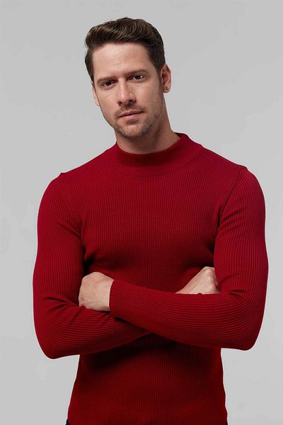 Twn Πλεκτό πουλόβερ Slim Fit Red Rib Knit Half Fisherman Wool Πλεκτό πουλόβερ