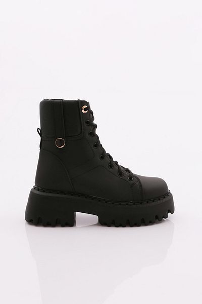 DGN Women's Thick Sole Lace up Boots Black Matte 12303121122372