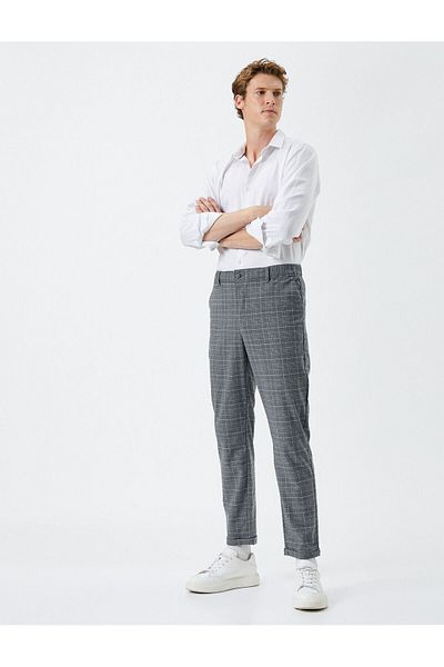 Koton Fabric Trousers Plaid Elastic Waist Buttoned Slim Fit Pockets