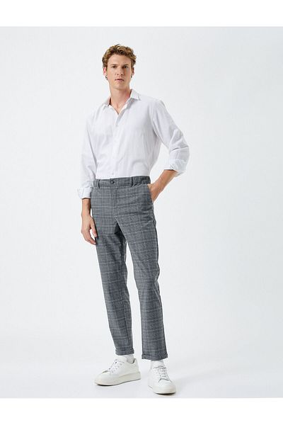 Koton Fabric Trousers Plaid Elastic Waist Buttoned Slim Fit Pockets