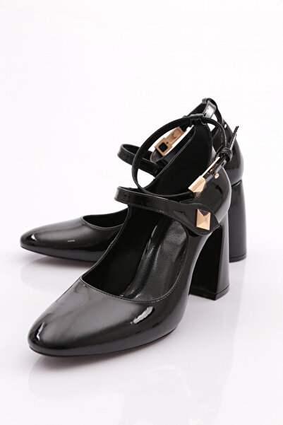 DGN Kadın Bilekten Bağlama Topuklu Ayakkabı Siyah Rugan 91843236