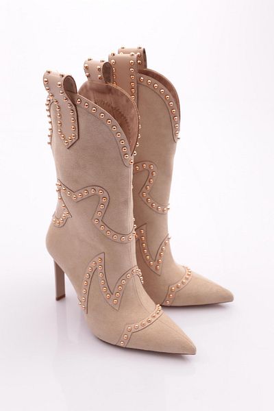 DGN Γυναικείες πέτρινες κεντημένες γόβες Western Boots Beige Suede 63842859