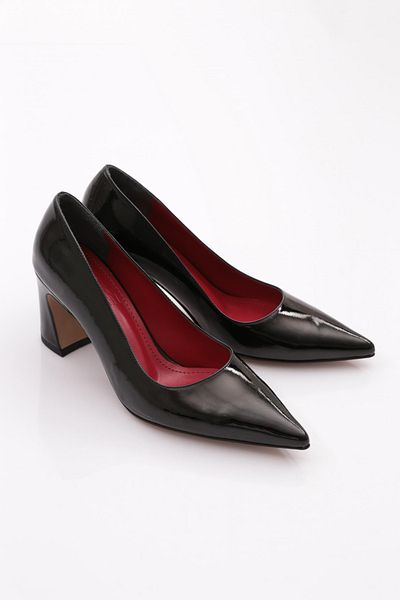 DGN Black Red Patent Leather Oval Heeled Women's Shoes - 26935910