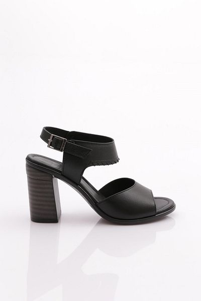 DGN Black Genuine Leather Women's Heeled Sandals - 241135108