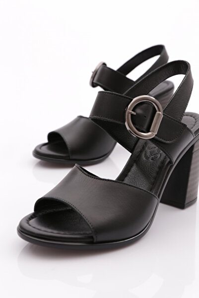 DGN Black Genuine Leather Women's Heeled Sandals - 228135108