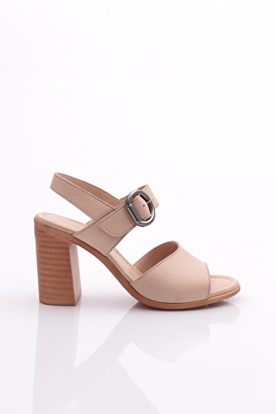 DGN Beige Genuine Leather Women's Heeled Sandals - 228135108