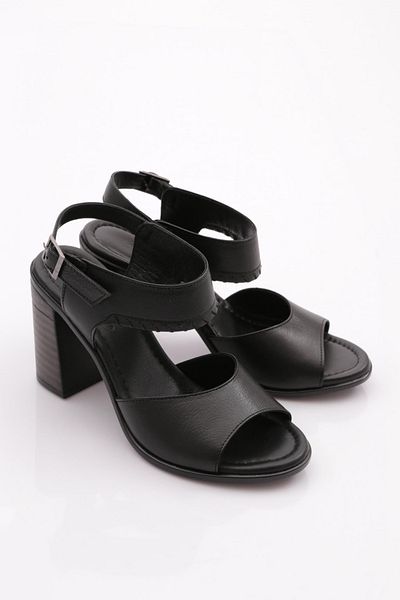 DGN Black Genuine Leather Women's Heeled Sandals - 241135108