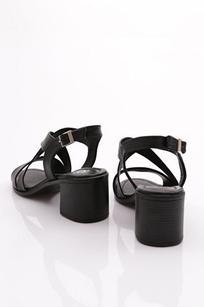 DGN Black Genuine Leather Women's Heeled Sandals - 26143294