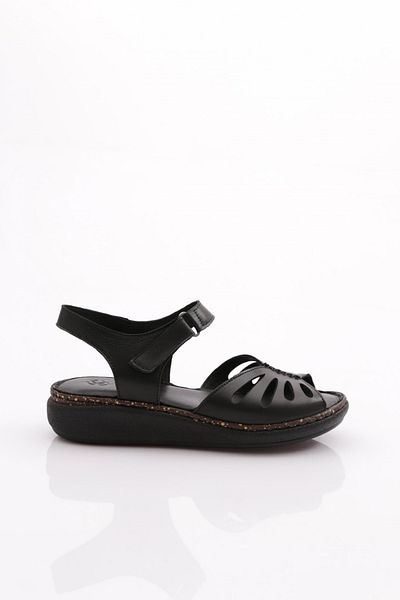 DGN Black Genuine Leather Women's Sandals - Velcro and Ankle Strap