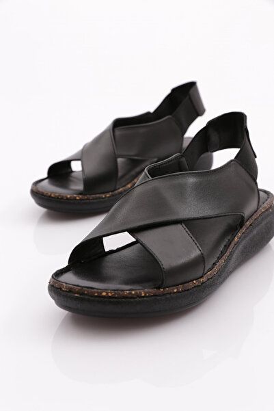 DGN Women's Elastic Back Sandals Black Genuine Leather 4283243