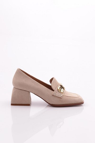 DGN Women's Front Stone Heeled Shoes Beige Suede 4762859