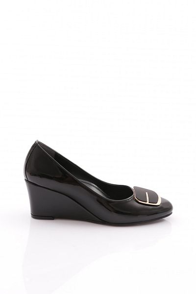DGN Black Patent Leather Wedge Shoes with Silver Stone Buckle - 364373539