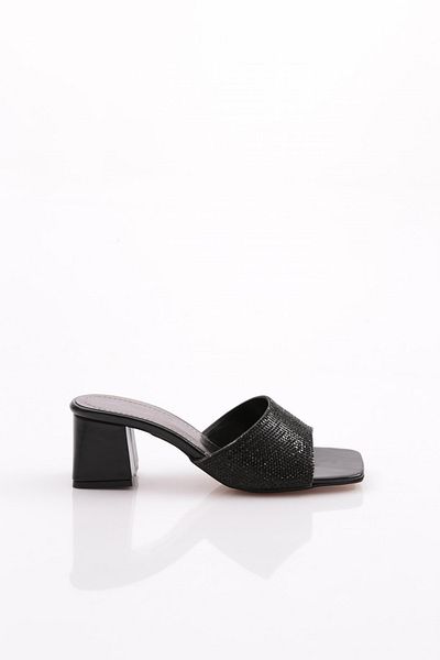 DGN Papuci cu toc cu toc pentru femei, cu piatră, negru metalic 2121452621