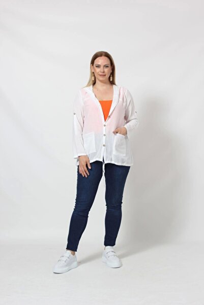 Moda Berray B027 Cebi Pullu Kapüşonlu Gömlek Beyaz