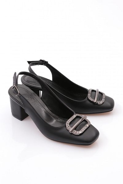 DGN K661 Pantofi cu toc pentru femei cu spatele deschis, cu accesorii metalice