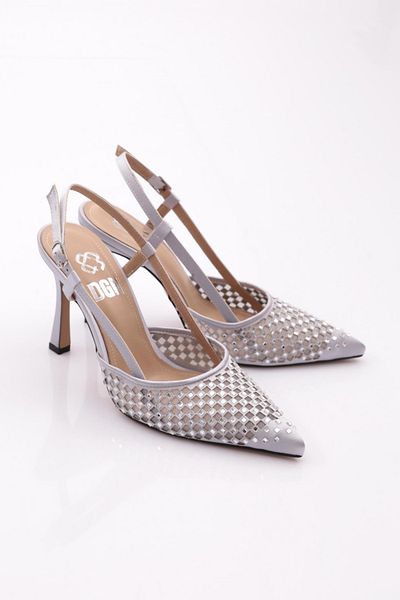 DGN Rochie de seara de dama din satin argintiu Pantofi cu toc - Legat la spate 7815535
