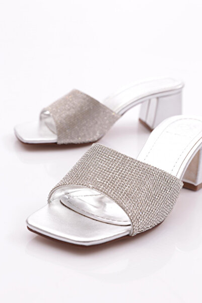 DGN Papuci cu toc pentru femei, decorati cu piatra, argintii metalic - 2121452621