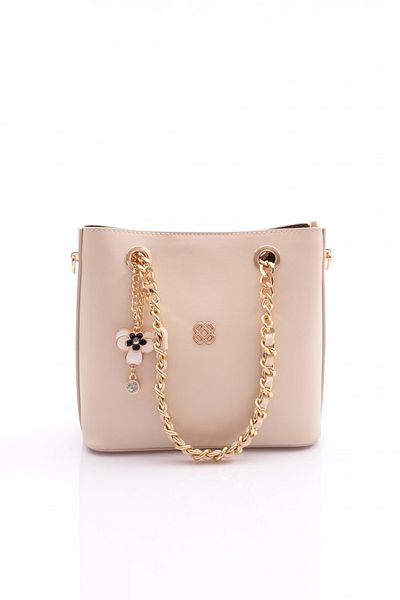 DGN Women's Flower Brooch Chain Detailed Bag Beige 81103555