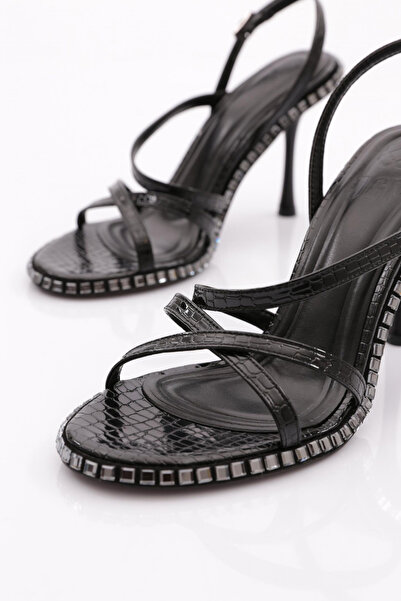 DGN Kadın Arkadan Bağlamalı Topuklu Abiye Ayakkabı Siyah Kroko 354333210