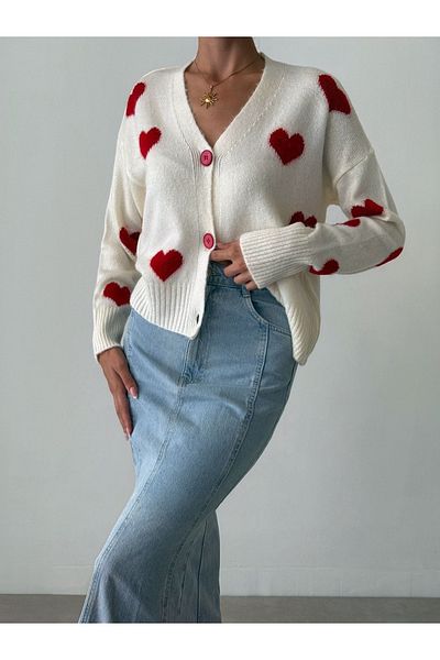 Bisou Heart Pattern Women's Knitwear Cardigan