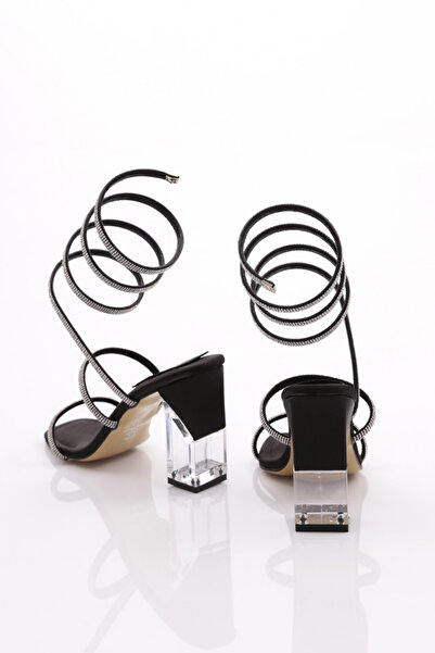 DGN Kadın Ipli Bileği Saran Topuklu Abiye Ayakkabı Siyah Saten 31352668