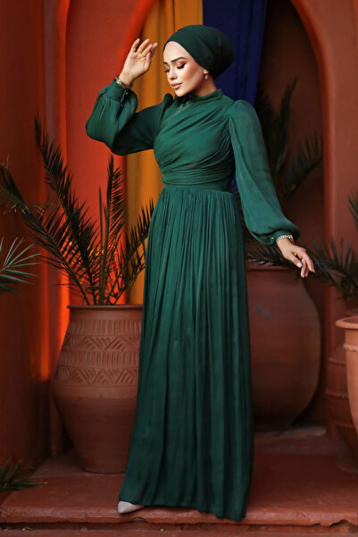 Neva Style Rochie de seară hijab verde cu detaliu drapat 44081y