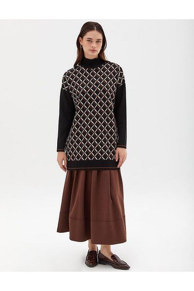 Kayra Baklava Pattern Knitwear Tunic Black