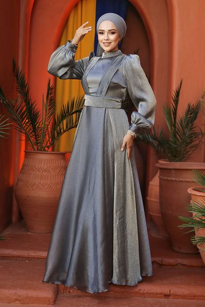 Neva Style فستان سهرة حجاب رمادي بتفاصيل ثنى 45701gr