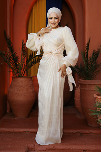 Neva Style Drape Detailed Ecru Hijab Evening Dress 47261E