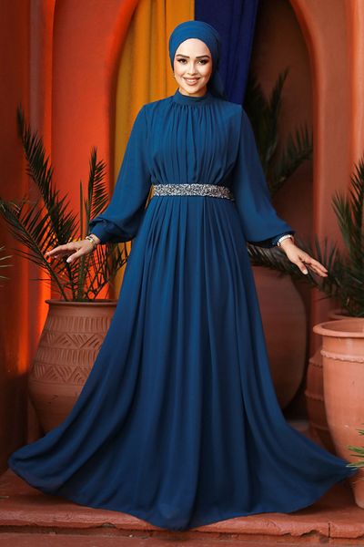 Neva Style Rochie de seara cu hijab - Rochie de seara hijab verde petrol plisata 25888py