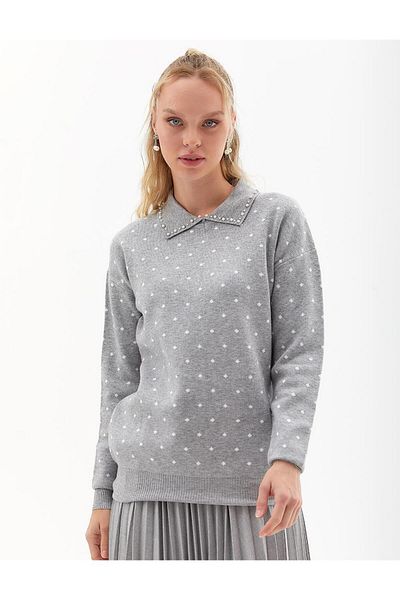 Kayra Gray Knitwear Blouse - Polka Dot and Bead Embroidered