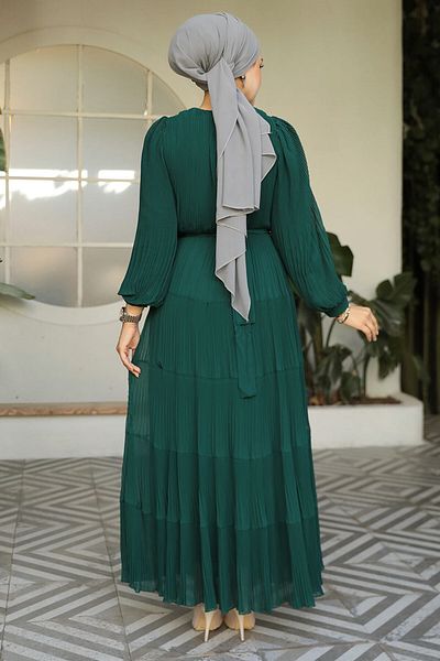 Neva Style Rochie Hijab plisată verde smarald - 44761ZY