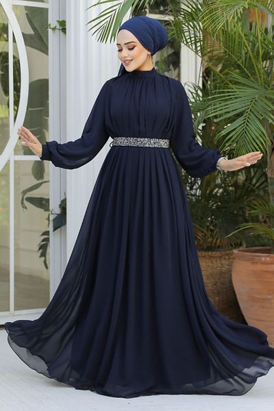 Neva Style Βραδινό φόρεμα με πλισέ Dark Navy Blue Hijab 25888kl