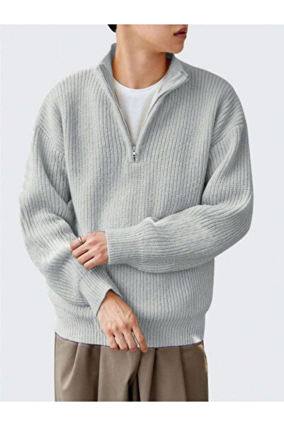 BLUE STREET Gray Men's Oversize Zippered Turtleneck Sweater