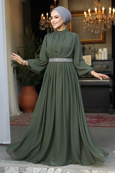 Neva Style فستان سهرة مطوي كاكي حجاب 25888hk