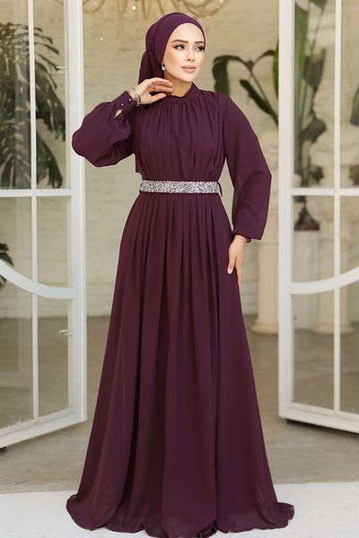 Neva Style Rochie de seara cu hijab - Rochie de seara musulmana cu pliuri prune 25888mu