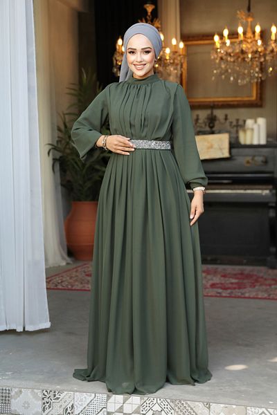 Neva Style فستان سهرة مطوي كاكي حجاب 25888hk