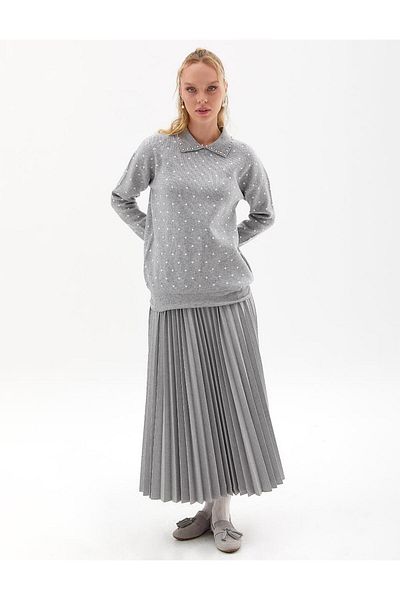 Kayra Gray Knitwear Blouse - Polka Dot and Bead Embroidered