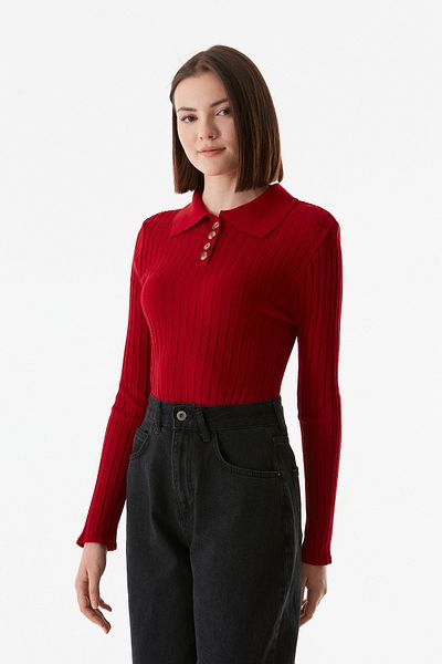 Fulla Moda Ribbed Half Buttoned Shirt Collar Knitwear Sweater