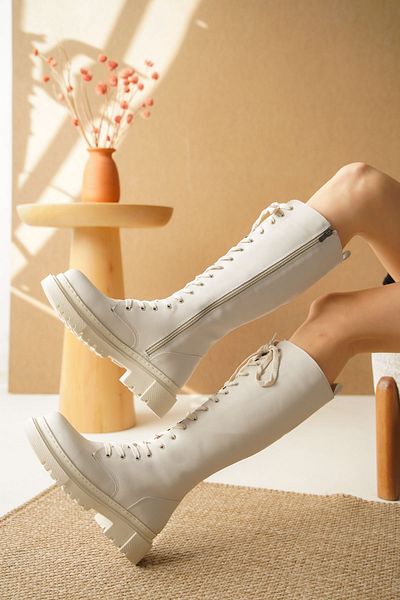MODAADAM Γυναικείες μακριές μπότες Ester Lace Up - Δερμάτινο δέρμα