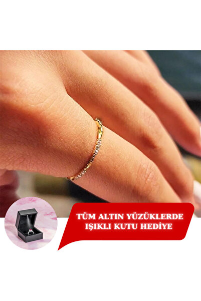 FasekGold 14 Ayar Altın Yüzük-burma Tel Minimal Zirkon Taşlı Sarı Altın Ankyüz2029yüzük