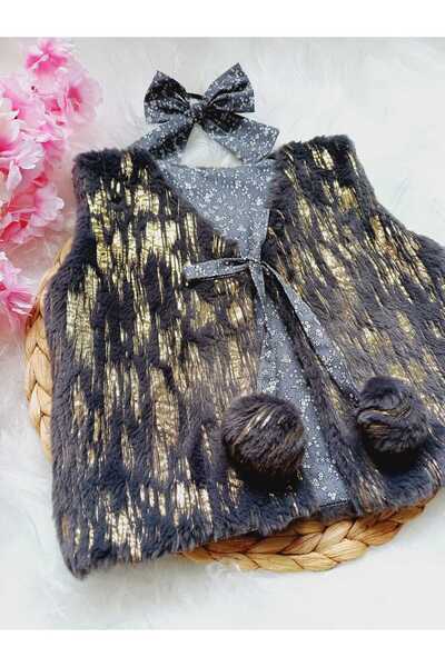 bright moon Girl - Double Sided Plush Vest and Buckle Set with Pompom Detail