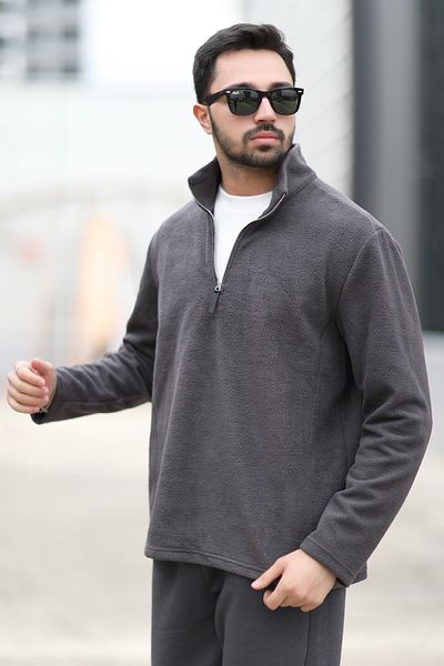 JB John Borners Men's Winter Anthracite Fleece Sweatshirt - Half Zipper, Stand Collar Throat - 6053